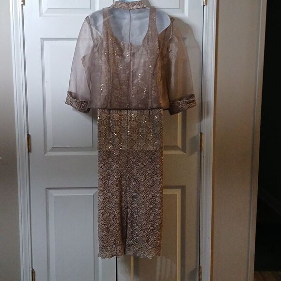 Alex Evening taupe 2pc dress jacket set Sz 14 Wedding Mother of the Bride - Picture 4 of 10